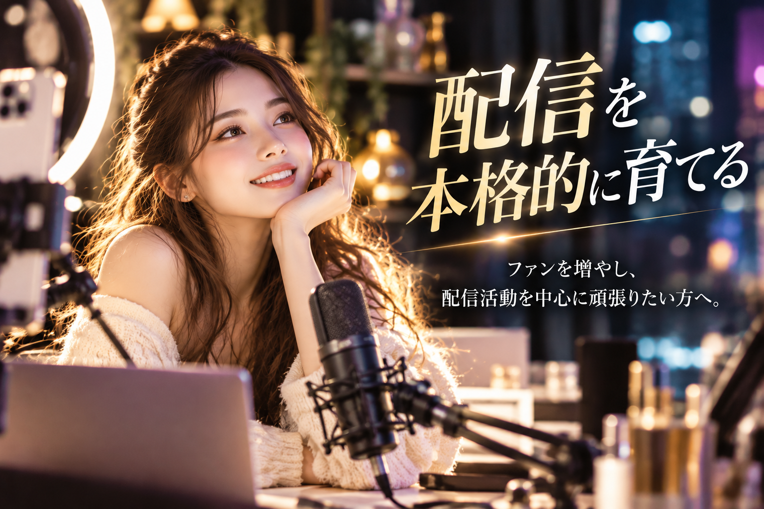 本格的にライブ配信をする女性
